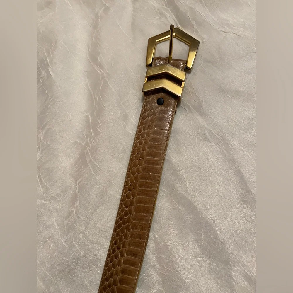 Vintage genuine snake skin arrow gold buckle belt L
